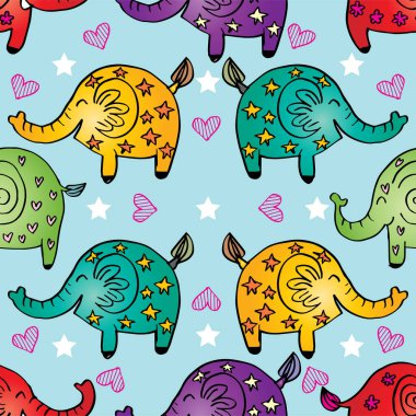 Şirin fillerle kusursuz bir desen. El çizimi vektör illüstrasyonu.