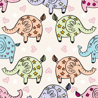 Şirin fillerle kusursuz bir desen. El çizimi vektör illüstrasyonu.