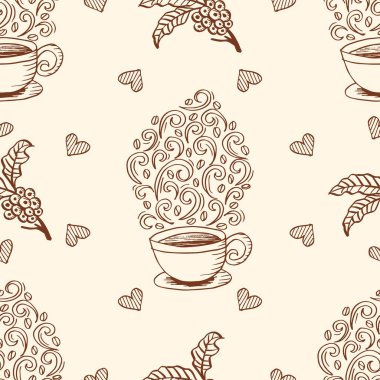Bir fincan kahve ve yaprakla kusursuz desen. Vektör illüstrasyonu