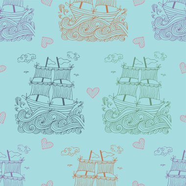 Gemiler ve kalplerle kusursuz bir düzen. El çizimi vektör illüstrasyonu.