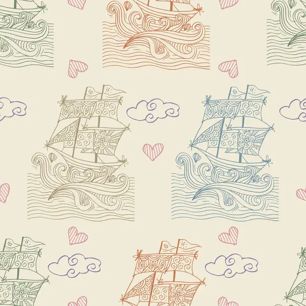Yelkenli gemiler ve bulutlarla kusursuz bir düzen. Vektör illüstrasyonu.