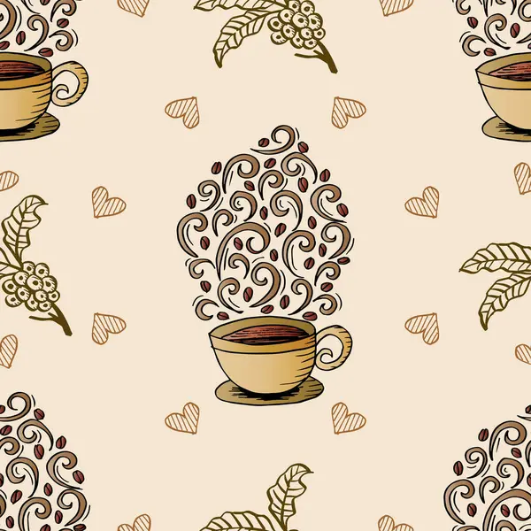 Bir fincan kahve ve yaprakla kusursuz desen. Vektör illüstrasyonu