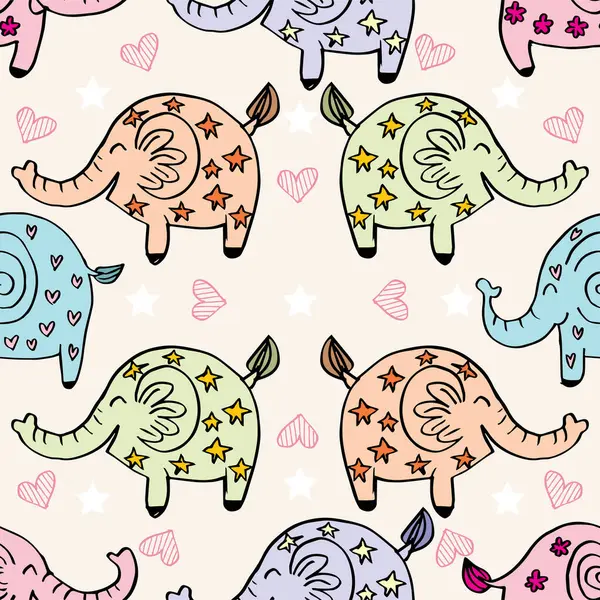 Şirin fillerle kusursuz bir desen. El çizimi vektör illüstrasyonu.