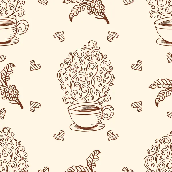 Bir fincan kahve ve yaprakla kusursuz desen. Vektör illüstrasyonu