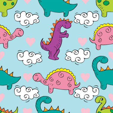 Mavi arka planda sevimli dinozor deseni olan kusursuz desen.