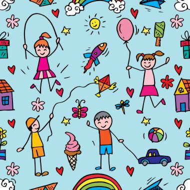 Kusursuz desenler çizer Mutlu çocuklar çizer mavi arkaplanda.