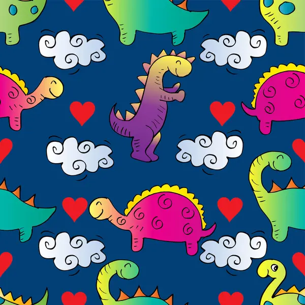 Mavi arka planda sevimli dinozor deseni olan kusursuz desen.