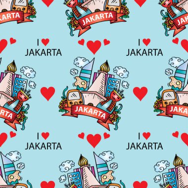 Mavi arka planda I Love Jakarta ile kusursuz desen.