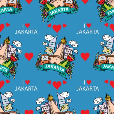 Mavi arka planda I Love Jakarta ile kusursuz desen.