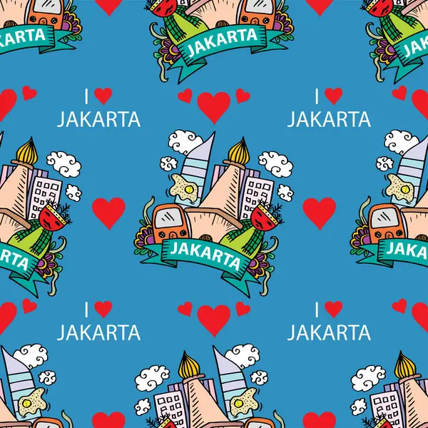 Mavi arka planda I Love Jakarta ile kusursuz desen.