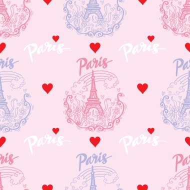 Pembe arka planda Eyfel kulesi, kalp ve çiçek unsurlarıyla kusursuz desen..
