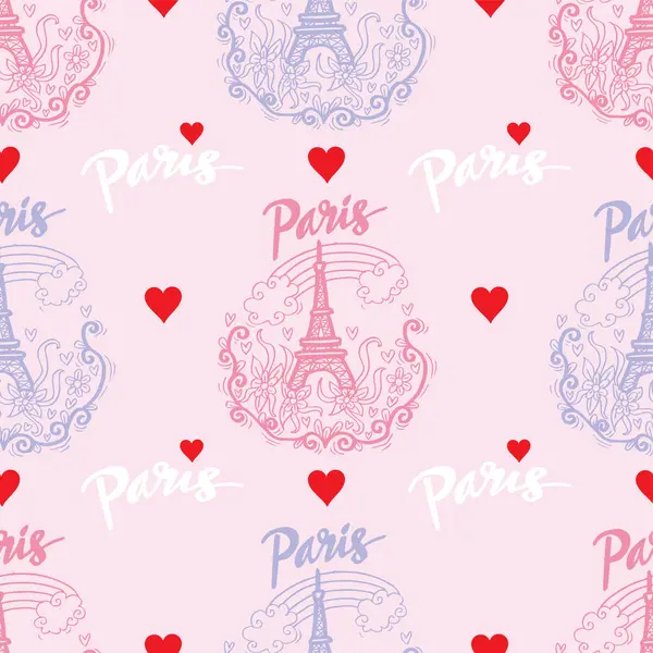 Pembe arka planda Eyfel kulesi, kalp ve çiçek unsurlarıyla kusursuz desen..