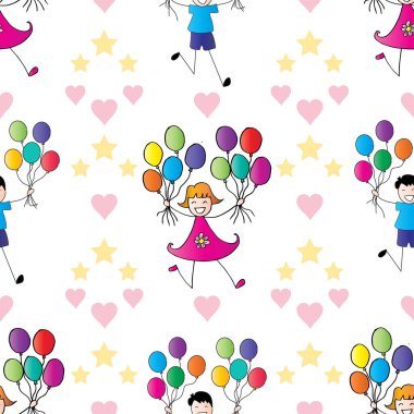 Balonları ve kalpleri olan neşeli çocuklarla kusursuz bir düzen.
