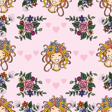 Çiçekli tacı ve kalbi olan gülen bir kızla kusursuz bir düzen.