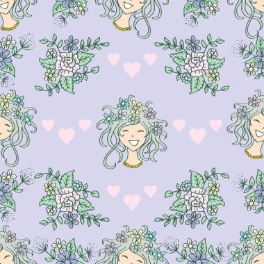 Çiçekli tacı ve kalbi olan gülen bir kızla kusursuz bir düzen.