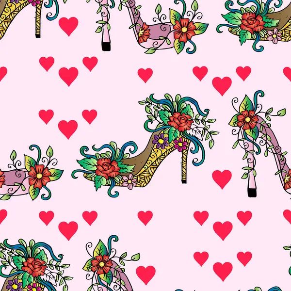 Çiçekli yüksek topuklar ve pürüzsüz kalpler.