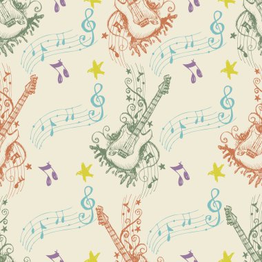 Elle çizilmiş elektro gitarlar ve notalarla kusursuz bir düzen.