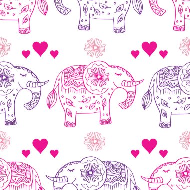 Şirin filler ve kalplerle kusursuz bir desen. El çizimi vektör illüstrasyonu.