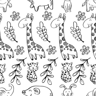 Kusursuz desenli, sevimli el yapımı hayvanlar. Vektör illüstrasyonu.