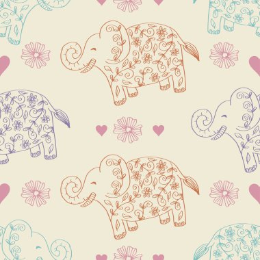 Şirin filleri ve çiçekleri olan kusursuz bir desen. vektör illüstrasyonu.