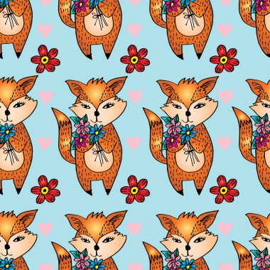 Şirin tilkiler ve çiçeklerle kusursuz desen. Vektör illüstrasyonu.