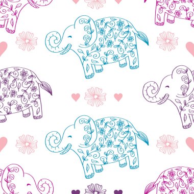 Şirin filleri ve çiçekleri olan kusursuz bir desen. vektör illüstrasyonu.