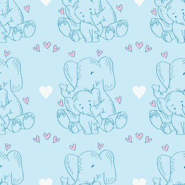 Şirin filler ve kalplerle kusursuz bir desen. Mavi arka plan. Vektör illüstrasyonu.