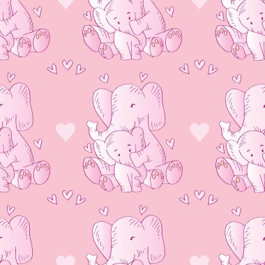 Şirin filler ve kalplerle kusursuz bir desen. Pembe arka plan. Vektör illüstrasyonu.