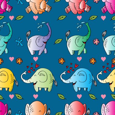 Şirin filleri ve çiçekleri olan kusursuz bir desen. vektör illüstrasyonu.