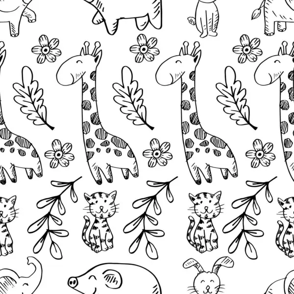 Kusursuz desenli, sevimli el yapımı hayvanlar. Vektör illüstrasyonu.