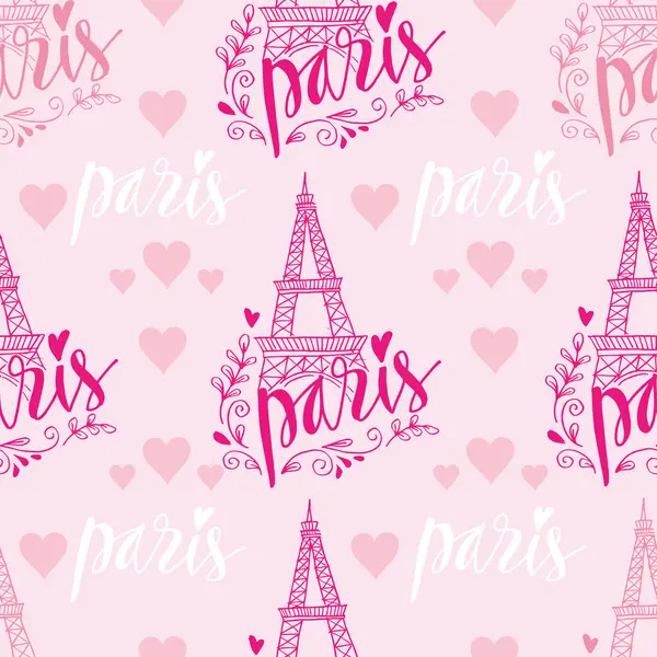 Paris 'te Eyfel kulesi ve kalplerle kusursuz bir şablon. Vektör illüstrasyonu