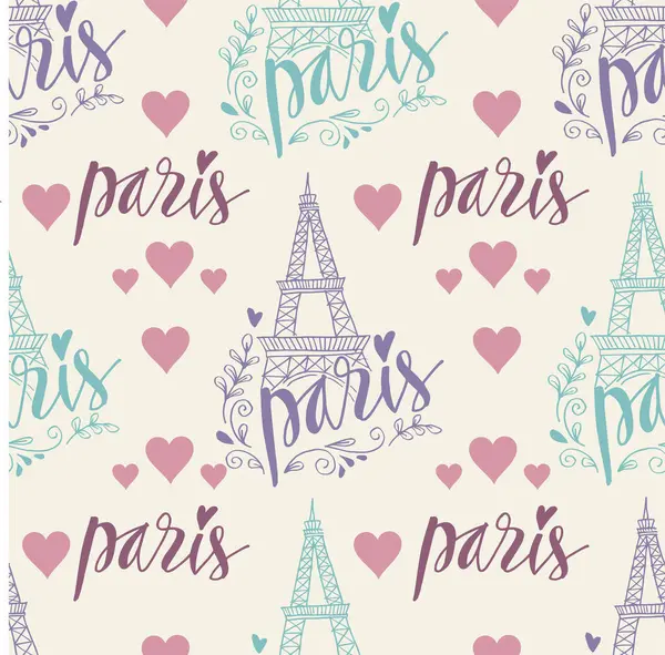 Paris 'te Eyfel kulesi ve kalplerle kusursuz bir şablon. Vektör illüstrasyonu