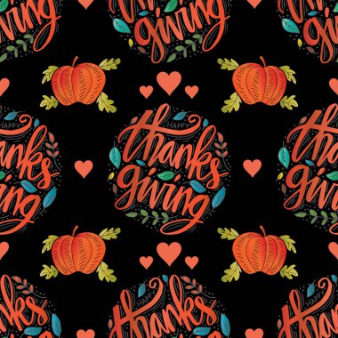 El yazısı ve balkabağıyla kusursuz Şükran Günü şablonunuz kutlu olsun. Vektör illüstrasyonu.