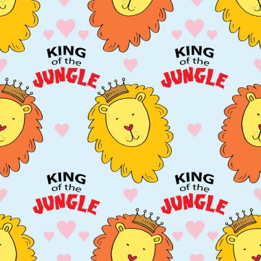 Orman aslanının kralıyla kusursuz vektör deseni. Çocuklar için el çizimi vektör çizimi.