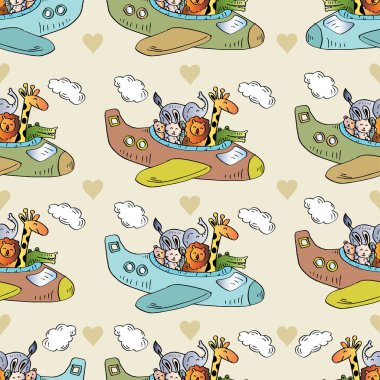 Renkli bir uçakla gökyüzünde bulutlarla uçan hayvanlarda kusursuz bir desen.