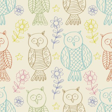 Baykuşlar ve çiçeklerle kusursuz desen. Vektör illüstrasyonu.