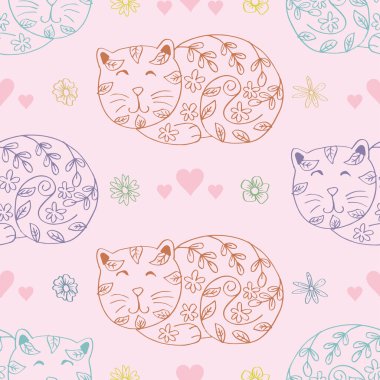 Şirin kedileri, kalpleri ve çiçekleri olan kusursuz bir desen. Vektör illüstrasyonu.