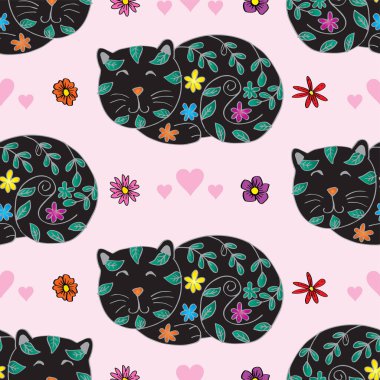 Şirin kedileri, kalpleri ve çiçekleri olan kusursuz bir desen. Vektör illüstrasyonu.