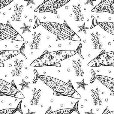 Balık ve yosun ile kusursuz desen. Siyah ve beyaz. Vektör illüstrasyonu.