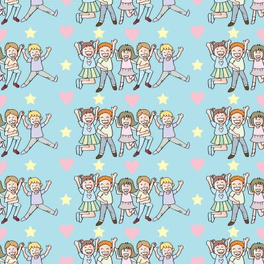 Neşeli çocukların neşeyle ve kalplerle atladığı kusursuz bir düzen. Vektör illüstrasyonu.