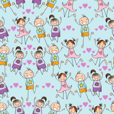 Kusursuz desenli, elle çizilmiş neşeli çocuklar neşeyle ve kalple zıplıyorlar.