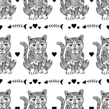 Kediler ve kalplerle kusursuz bir düzen. Siyah ve beyaz vektör çizimi.