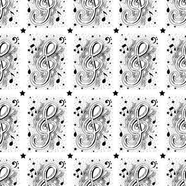 Notalar ve yıldızlarla müzikal üçlü anahtar kompozisyonu ile kusursuz desen