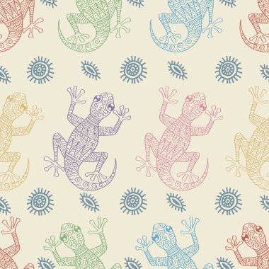 Kertenkele ve kabile süslemeleriyle kusursuz desen. El çizimi vektör illüstrasyonu.