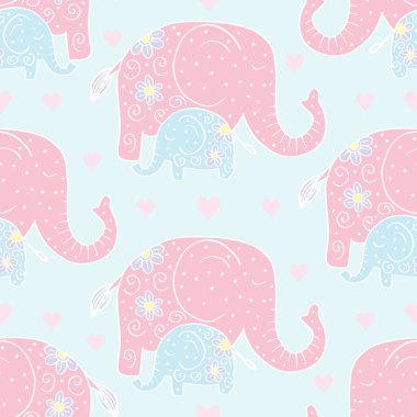 Şirin filler ve kalplerle kusursuz bir desen. Vektör illüstrasyonu.