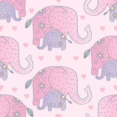 Şirin filler ve kalplerle kusursuz bir desen. Vektör illüstrasyonu.