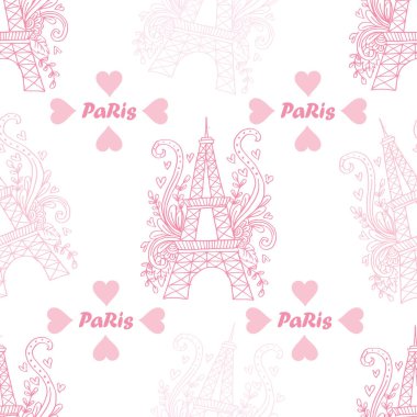 Eyfel kulesi ve kalplerle kusursuz bir düzen. Vektör illüstrasyonu.