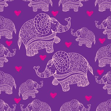 Şirin filler ve kalplerle kusursuz bir desen. Vektör illüstrasyonu.