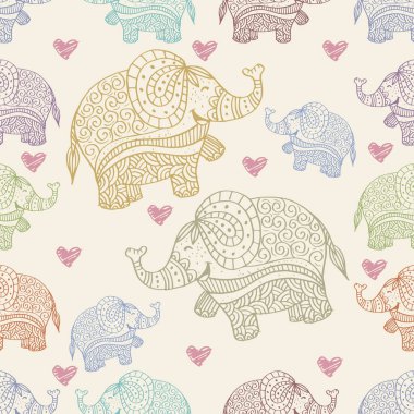 Şirin filler ve kalplerle kusursuz bir desen. Vektör illüstrasyonu.