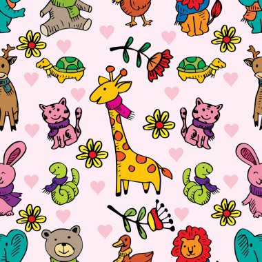 Çizgi film hayvanları ve çiçeklerle kusursuz desen. Vektör illüstrasyonu.